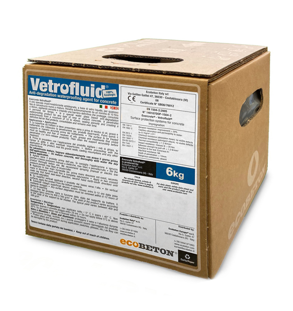Evercrete Vetrofluid concrete waterproofing and protective shield. Available from Speedcrete, United Kingdom.