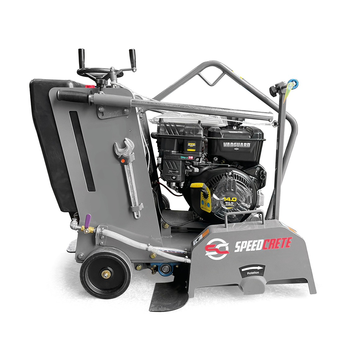 This Floor Saw is designed to cut concrete to a maximum depth of 350mm. This self propelled floor saw is powered by a petrol Vanguard which produces 14 horse power. Available from Speedcrete United Kingdom.