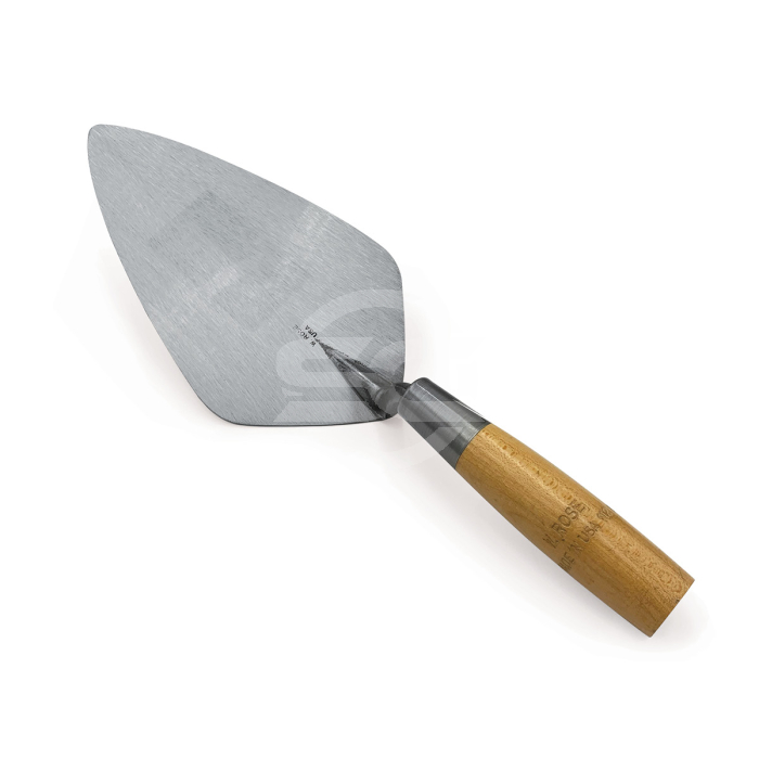 London narrow brick trowel 11 inch w.rose masonry tool with a traditional wooden handle. Available in the United Kingdom via Speedcrete.