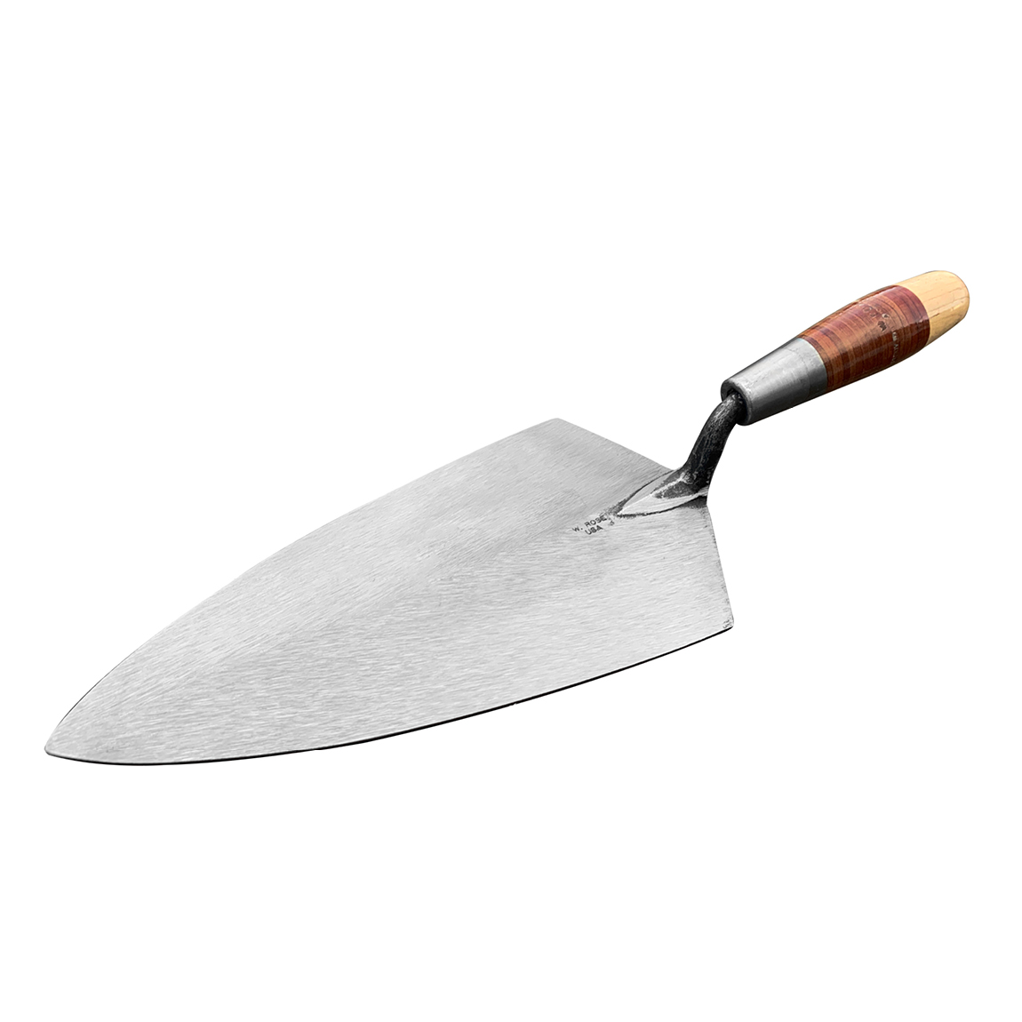 W.Rose Philadelphia Brick Trowel 11½" with Leather Grip. The Philadelphia pattern for use with block because of its square edges and ability to hold large amounts of mortar. Available from Speedcrete, United Kingdom.