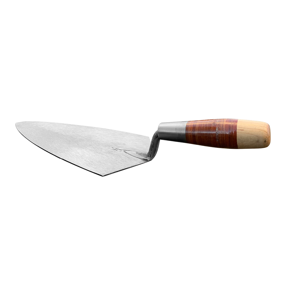 W.Rose Philadelphia Brick Trowel 11½" with Leather Grip. The Philadelphia pattern for use with block because of its square edges and ability to hold large amounts of mortar. Available from Speedcrete, United Kingdom.