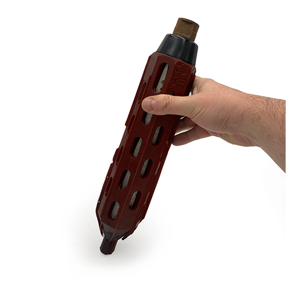 This 2 3/4 inch diameter by 14 inch long concrete vibratory head is used on rebar which is coated with epoxy resin. Available from Speedcrete, United Kingdom.