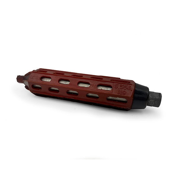 This 2 3/4 inch diameter by 14 inch long concrete vibratory head is used on rebar which is coated with epoxy resin. Available from Speedcrete, United Kingdom.