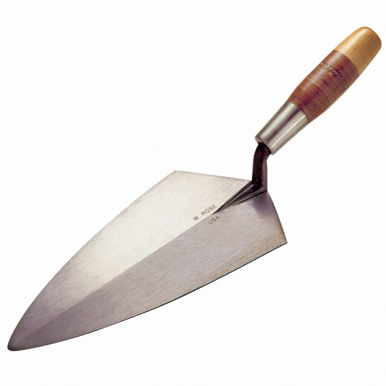 W.Rose Philadelphia Brick Trowel 12 x 5-9/16" with Leather Grip. The Philadelphia pattern has become the most popular pattern of choice for use with block because of its square edges ability to hold large amounts of mortar. Available from Speeddcrete, Uni
