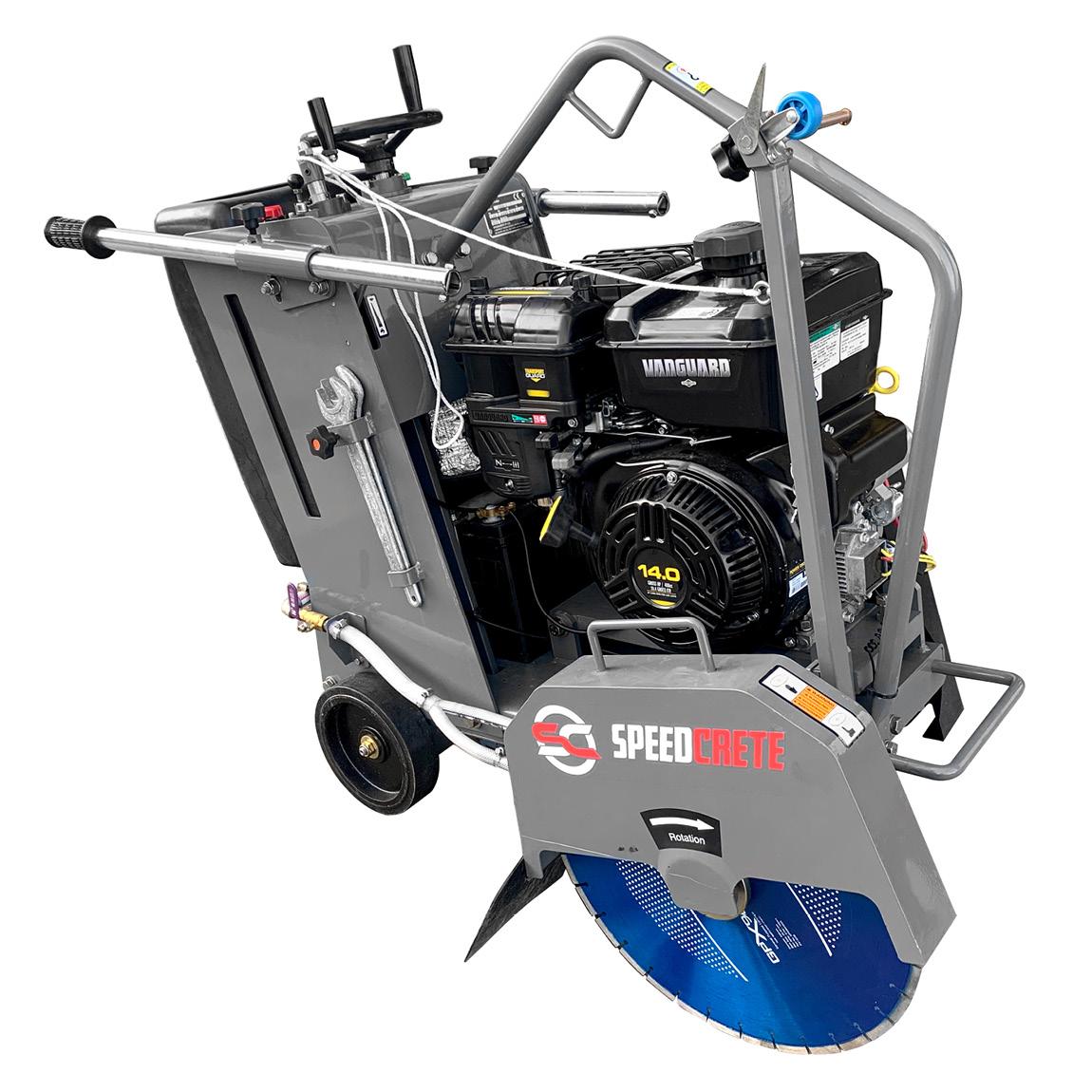 This Floor Saw is designed to cut concrete to a maximum depth of 350mm. This self propelled floor saw is powered by a petrol Vanguard which produces 14 horse power. Available from Speedcrete United Kingdom.