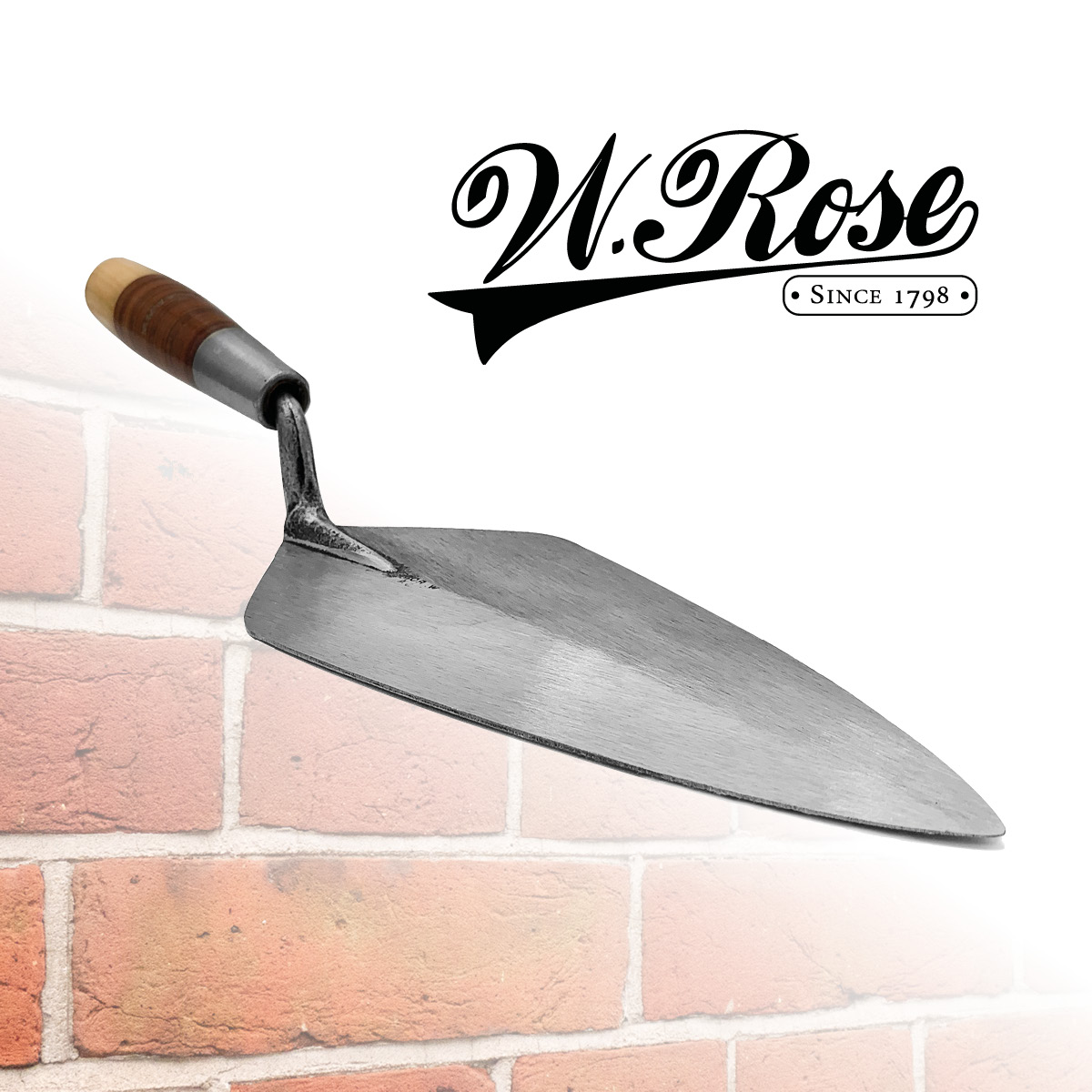 W.rose brick trowel from Speedcrete, United Kingdom. Leather handle and available in various sizes.