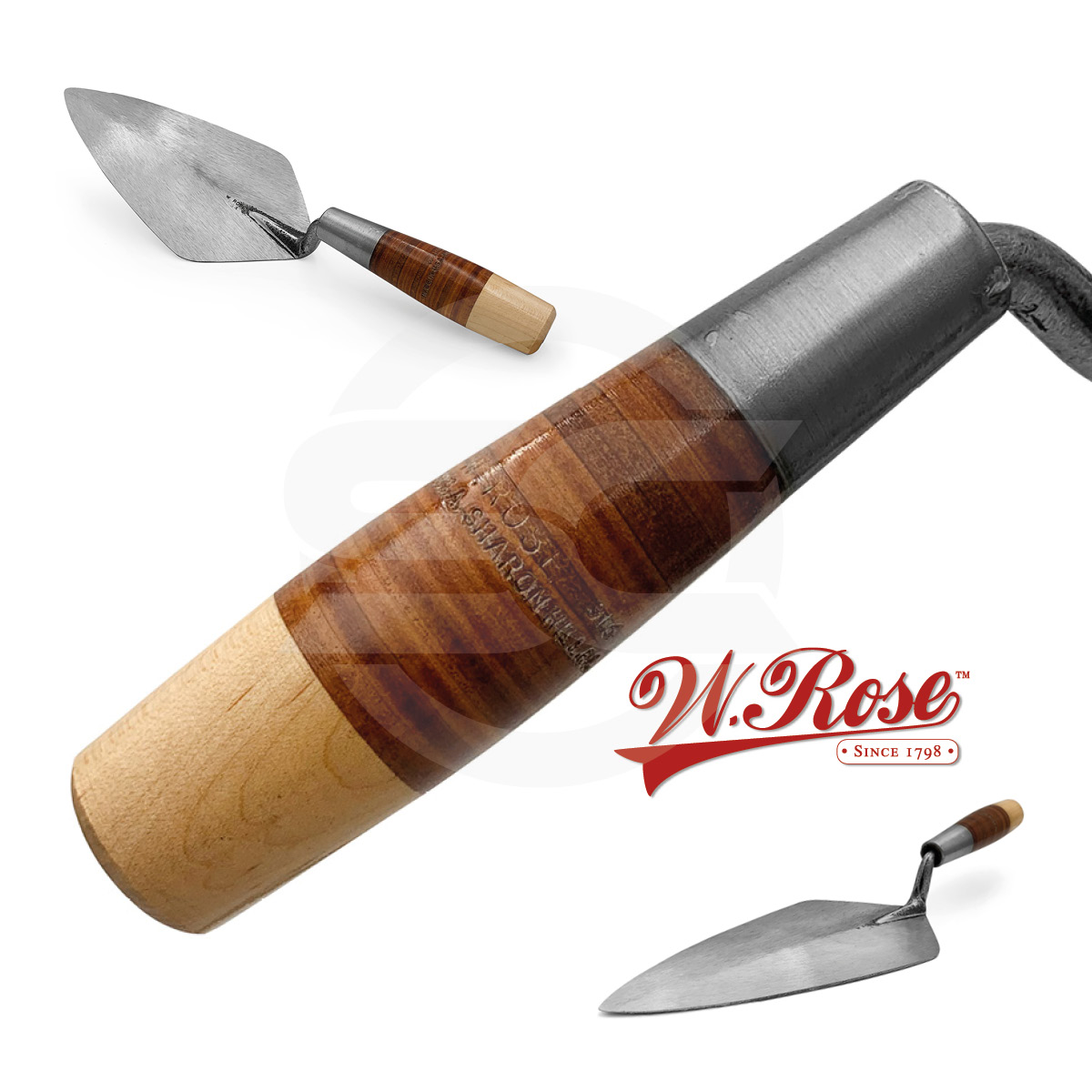 W.Rose Philadelphia Brick Trowel 11½" with Leather Grip. The Philadelphia pattern for use with block because of its square edges and ability to hold large amounts of mortar. Available from Speedcrete, United Kingdom.