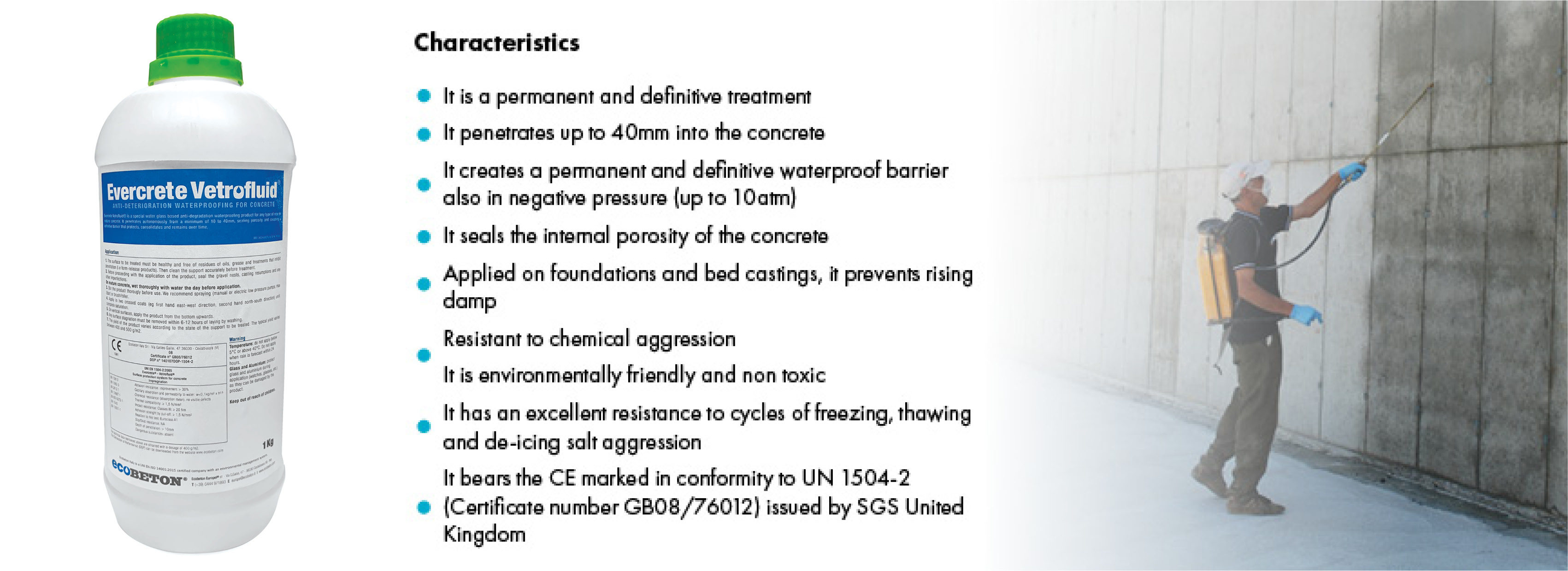 Evercrete Vetrofluid Concrete Waterproofing Agent. Consolidating, waterproofing, resistant to freezing, concrete surface hardener. Available from Speedcrete, United Kingdom.