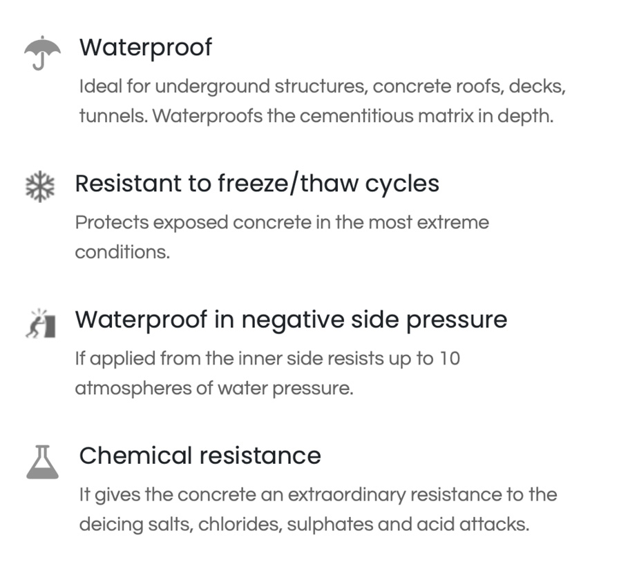 Evercrete Vetrofluid Concrete Waterproofing Agent. Consolidating, waterproofing, resistant to freezing, concrete surface hardener. Available from Speedcrete, United Kingdom.